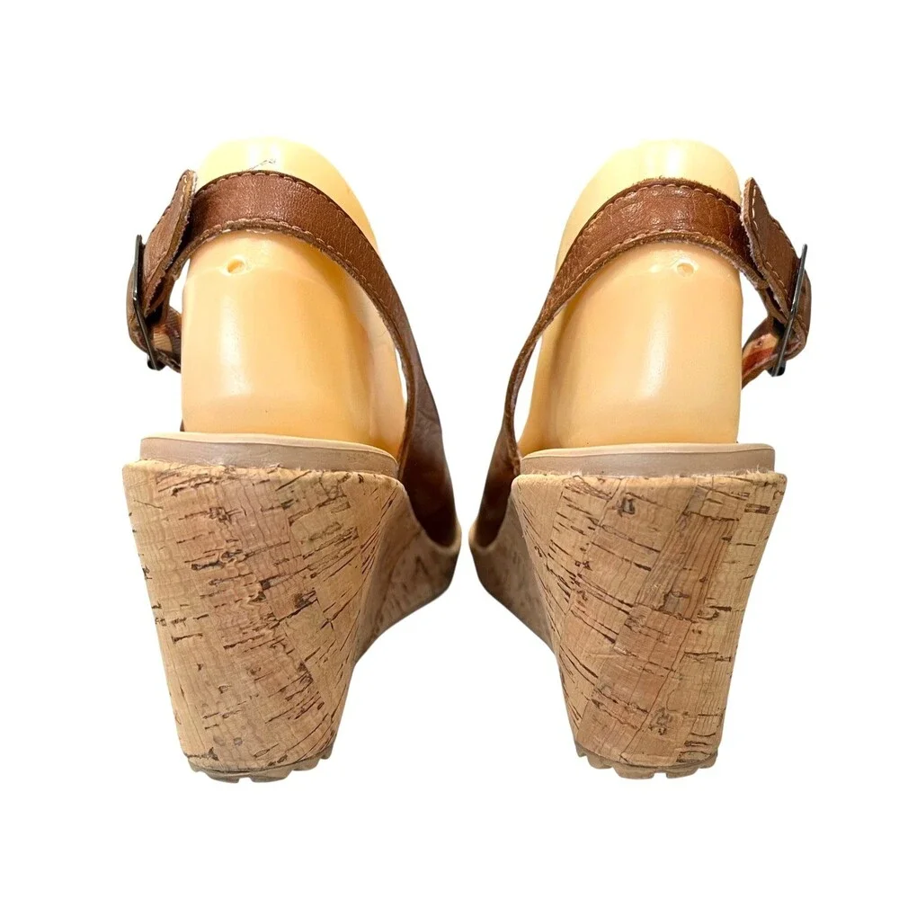 Crocs A-LEIGH Brown Leather Slingback Cork Platform Wedge Pump Sandal  Size 8 - Picture 4 of 9